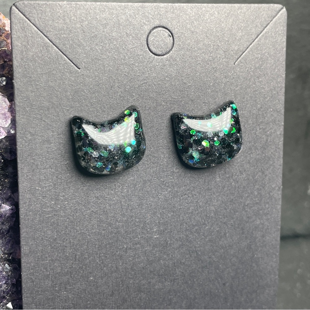 2/$18 Custom Made Black and Green Cat Stud Earrings - Picture 11 of 13